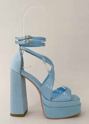Satin Strappy Square Open Toe Double Platform Block Heeled Sandals