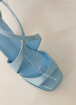 Satin Strappy Square Open Toe Double Platform Block Heeled Sandals