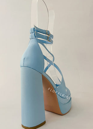 Satin Strappy Square Open Toe Double Platform Block Heeled Sandals