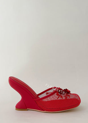 Floral Embellished Mesh Pyramid Wedge Mule Sandals