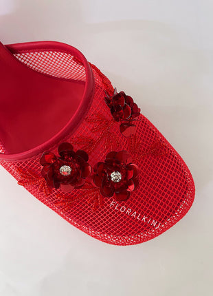 Floral Embellished Mesh Pyramid Wedge Mule Sandals