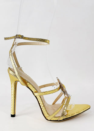 Diamante Embellished Pointed Toe Stiletto Sandals - Gold