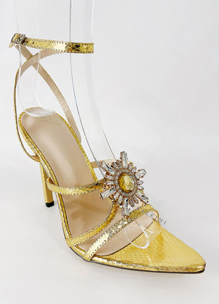 Diamante Embellished Pointed Toe Stiletto Sandals - Gold