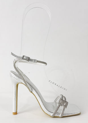 Double Diamante Embellished Strap Open Square Toe Heel - Silver