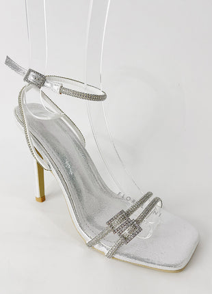 Double Diamante Embellished Strap Open Square Toe Heel - Silver