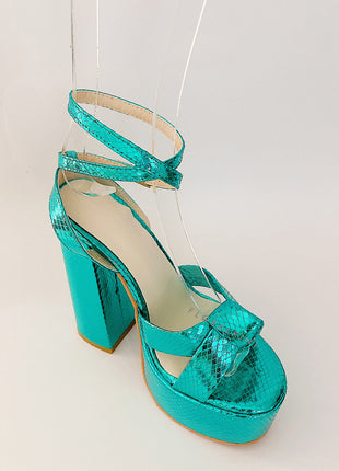 Metallic Bow Detail Statement Platform Block Heel - Turquoise