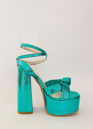 Metallic Bow Detail Statement Platform Block Heel - Turquoise