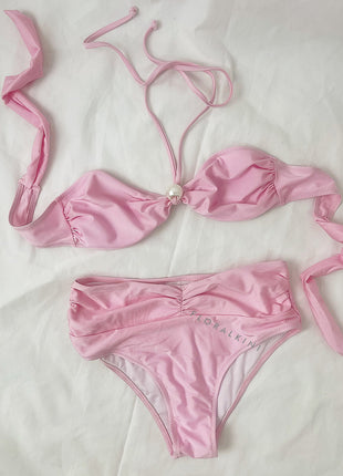 Pearl Accent Bandeau Halterneck High Waisted Bikini Set