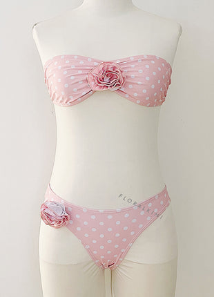 Pink Polka Dot Rosette Bandeau High-Cut Bikini Set