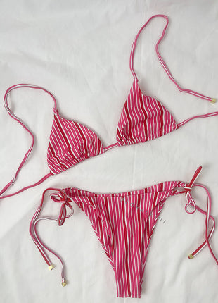 Striped Print Triangle Halter Tie Side Bikini Set With Bows Detailing