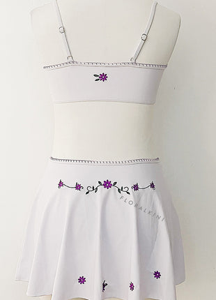 Floral Embroidered Bandeau Bikini Set With Ruffled Mini Skirt - White