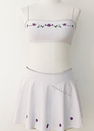 Floral Embroidered Bandeau Bikini Set With Ruffled Mini Skirt - White