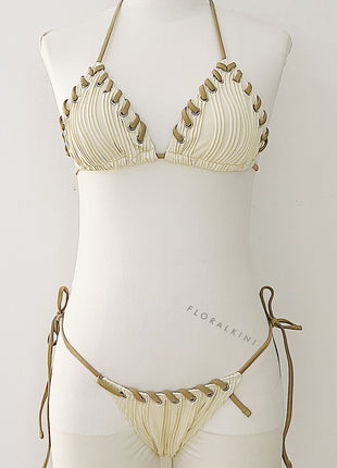 Textured Twisted Trim Triangle Halter Tie Side Bikini Set With Bows - Beige