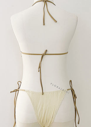 Textured Twisted Trim Triangle Halter Tie Side Bikini Set With Bows - Beige