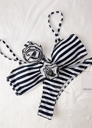 Rosette Bandeau High Waisted Bikini Set - Cream Black Stripe