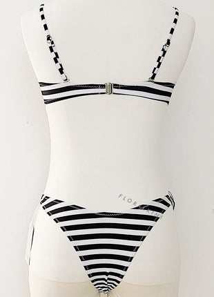 Rosette Bandeau High Waisted Bikini Set - Cream Black Stripe