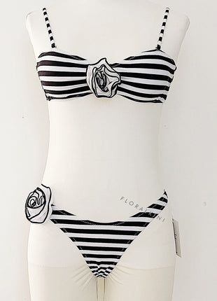 Rosette Bandeau High Waisted Bikini Set - Cream Black Stripe