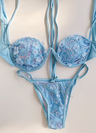 Sequin Embroidery Bandeau Balconette Underwire Tie Side Bikini Set