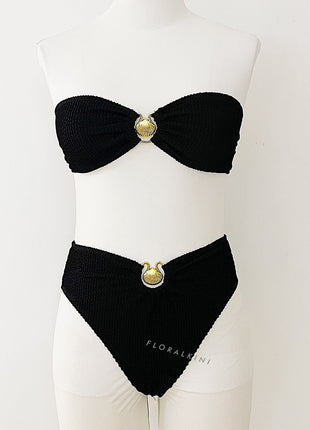 Bandeau Crinkle High Waisted Bikini Set With Gold Shell Detail