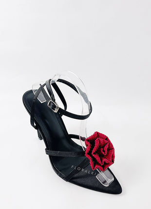 Rose Embellished Pointed Toe High Stiletto Heels - Black Red