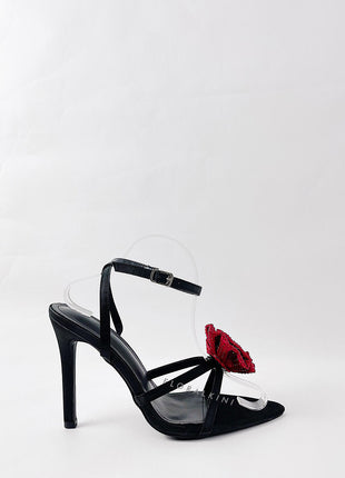 Rose Embellished Pointed Toe High Stiletto Heels - Black Red