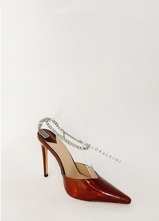 Metallic Diamante Chain Detail Ankle Strap Pointed Toe Stiletto Court Heel - Orange
