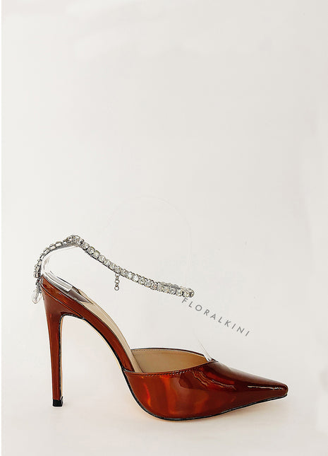 Metallic Diamante Chain Detail Ankle Strap Pointed Toe Stiletto Court Heel - Orange