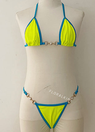 Ribbed Contrast Halter Triangle G-String Brazilian Bikini Set