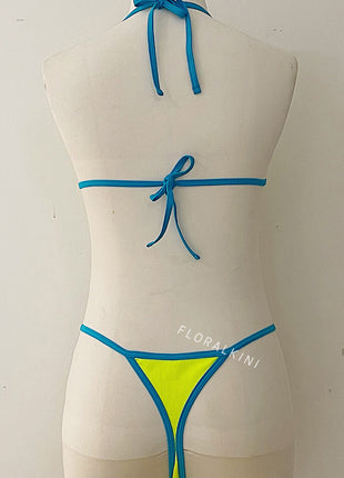 Ribbed Contrast Halter Triangle G-String Brazilian Bikini Set