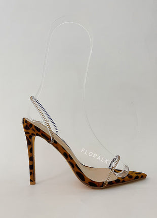 Leopard Pointed Toe Slip-On Stiletto Heeled Sandals With Rhinestone Straps