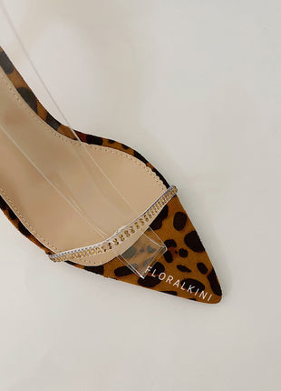Leopard Pointed Toe Slip-On Stiletto Heeled Sandals With Rhinestone Straps
