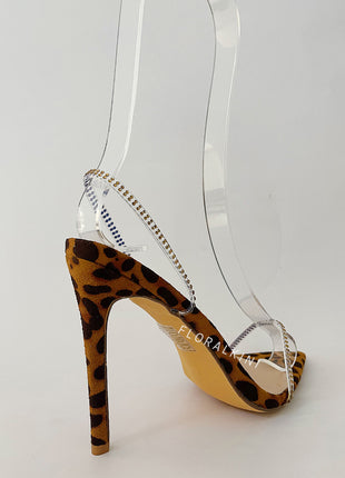 Leopard Pointed Toe Slip-On Stiletto Heeled Sandals With Rhinestone Straps