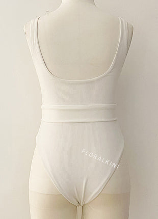 White Ribbed O-Ring Belted One Piece Swimsuit