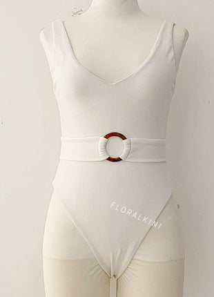 White Ribbed O-Ring Belted One Piece Swimsuit
