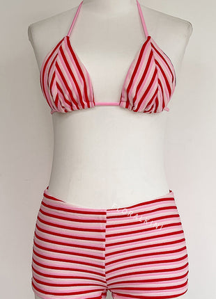 Color Block Striped Rib Triangle Halter Bikini Top And Low Rise Boy Shorts