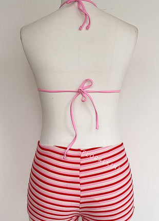 Color Block Striped Rib Triangle Halter Bikini Top And Low Rise Boy Shorts