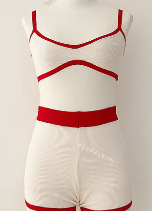 Contrast Trim Knit Bralette Bikini Top And High Waisted Shorts