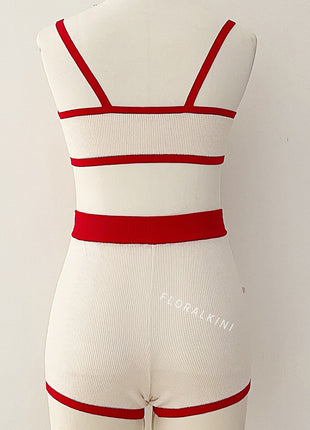 Contrast Trim Knit Bralette Bikini Top And High Waisted Shorts