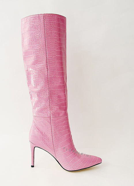 Croc-Effect Faux Leather Pointed Toe Stiletto Heel Knee High Boots - Pink