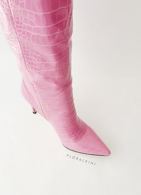 Croc-Effect Faux Leather Pointed Toe Stiletto Heel Knee High Boots - Pink