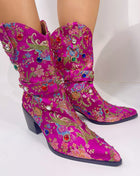 Floral Satin Gemstone-Embellished Pointed Toe Western Ankle Bootie - Pink