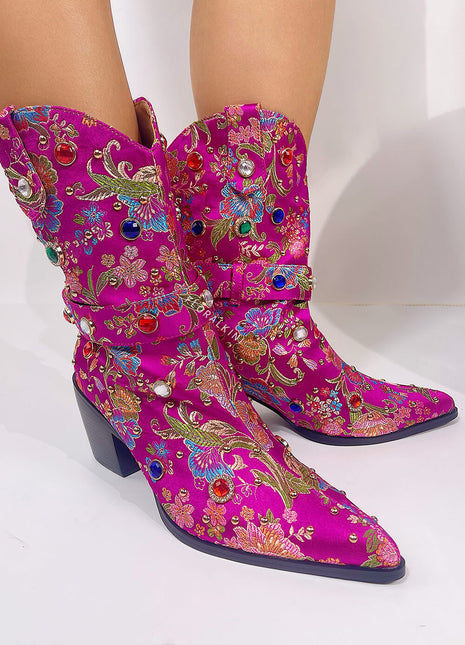 Floral Satin Gemstone-Embellished Pointed Toe Western Ankle Bootie - Pink