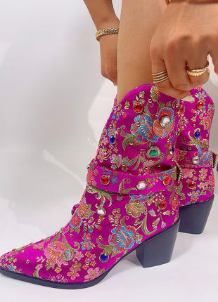 Floral Satin Gemstone-Embellished Pointed Toe Western Ankle Bootie - Pink