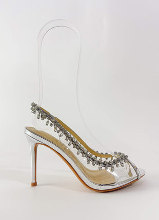 Transparent Crystal Embellished Pvc Open Toe Slingback Pump Heels