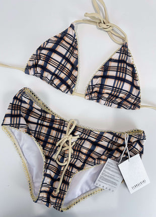 Brown Checked Triangle Halter Bikini Top And Lace-Up Pant Short Bikini Bottoms