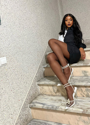 Pearl Bow Clear Perspex Wrap Around Pointed Toe Stiletto Court Heels