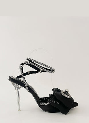 Black Satin Bow Detail Diamante Lace Up Clear Perspex Stiletto Heel