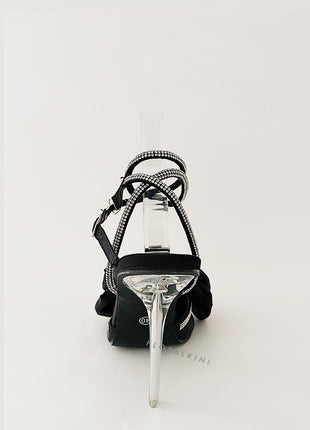 Black Satin Bow Detail Diamante Lace Up Clear Perspex Stiletto Heel