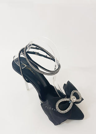 Black Satin Bow Detail Diamante Lace Up Clear Perspex Stiletto Heel