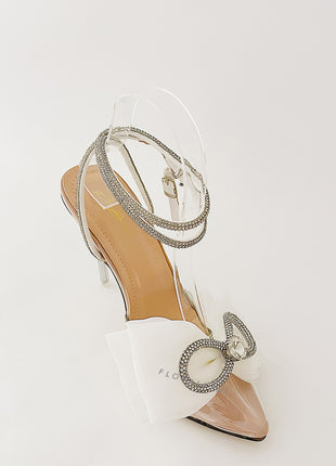 Nude Patent Bow Detail Diamante Wrap Around Clear Perspex Stiletto Heel